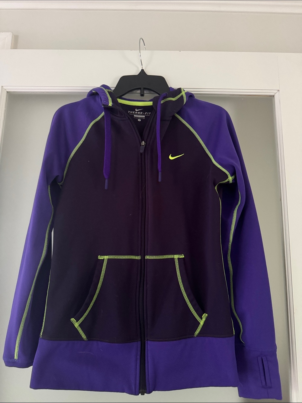 Nike Purple and Black Therma-Fit Hoodie with Neon Green Accents